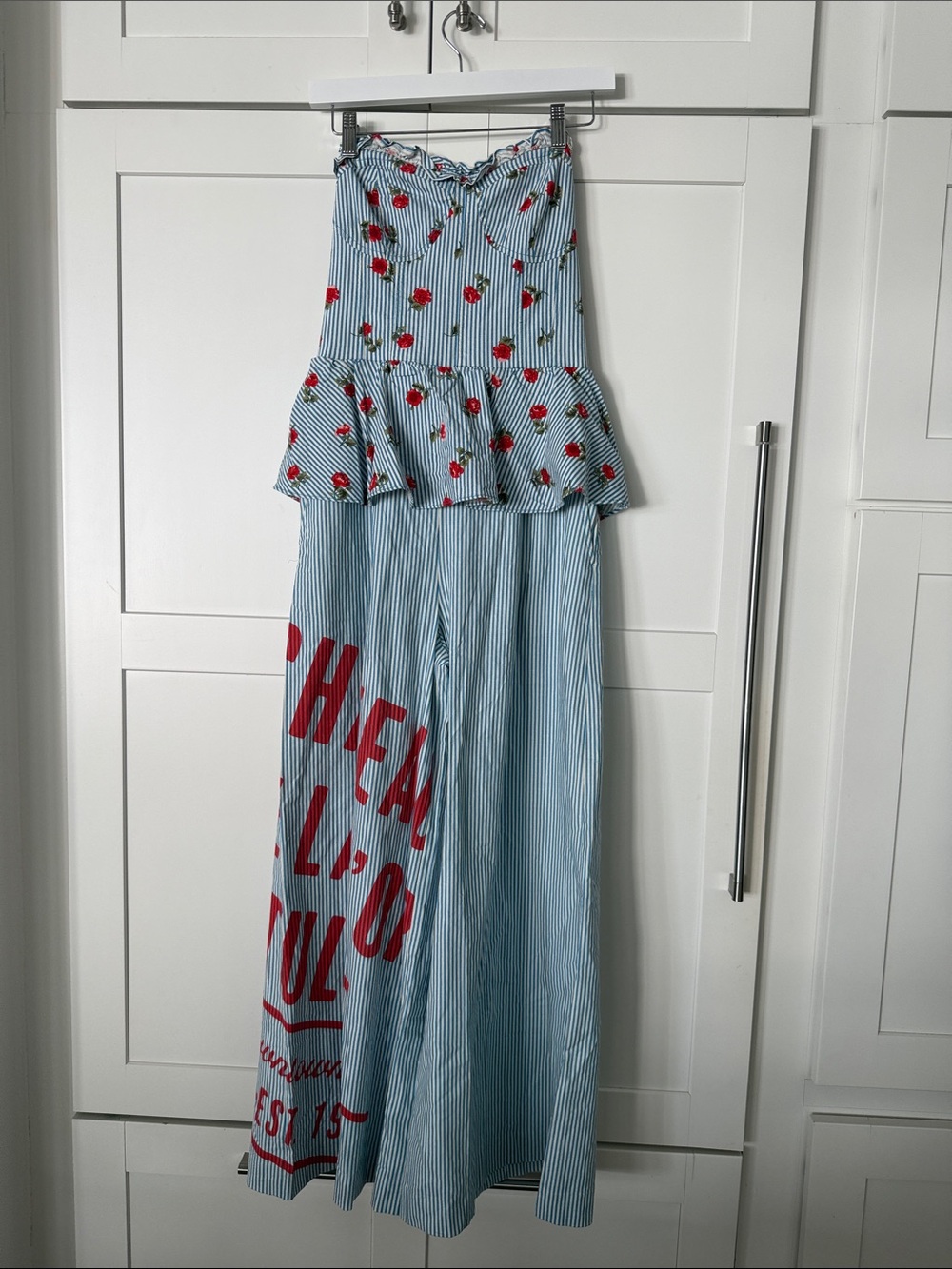 Maeve Blue & Red Striped Strapless Jumpsuit with Floral Bodice